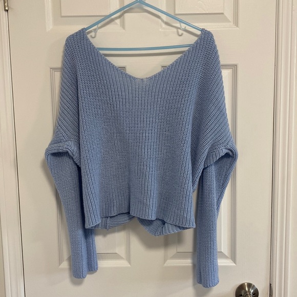 Vintage Sweaters - Vintage Knit Sweater - Baby Blue, Open Back - L